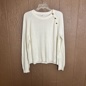 J‎ Crew Tight Knit Sweater Ivory Crewneck Button Detail Size L Pullover Winter